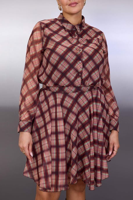 Trendyol Curve Dam Flerfärgad Rutig Kort / Mini Lång Casual Skjortklänning Plus size Klänning - Image 2