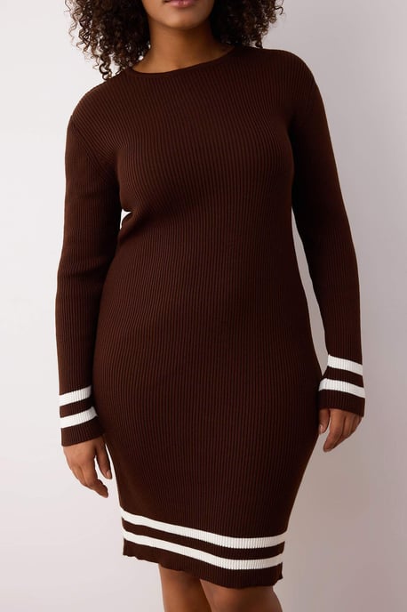 Trendyol Curve Dam Brun Randig Kort / Mini Lång Casual Bodycon Plus size Klänning - Image 2