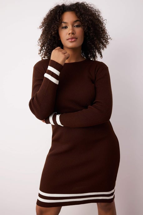 Trendyol Curve Dam Brun Randig Kort / Mini Lång Casual Bodycon Plus size Klänning - Image 6
