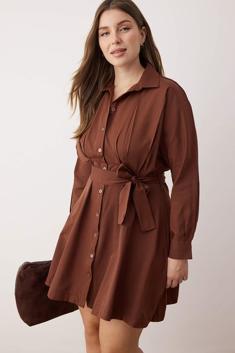 Trendyol Curve Dam Brun Enfärgad Kort / Mini Lång Casual Skjortklänning Plus size Klänning - Image 6