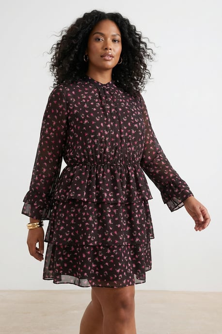 Trendyol Curve Dam Brun Blommig Kort / Mini Lång Fest A-linje Plus size Klänning - Image 2