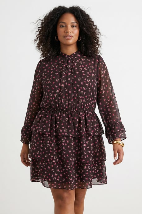 Trendyol Curve Dam Brun Blommig Kort / Mini Lång Fest A-linje Plus size Klänning - Image 4