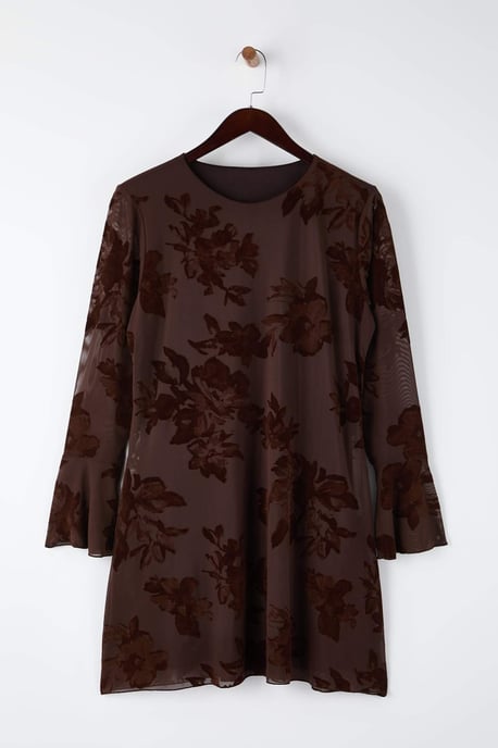 Trendyol Curve Dam Brun Blommig Kort / Mini Lång Kväll / Vardag Bodycon Plus size Klänning - Image 5