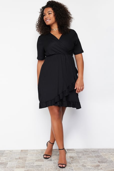 Trendyol Curve Dam Svart Enfärgad Kort / Mini Kort Casual Skater Plus size Klänning - Image 6