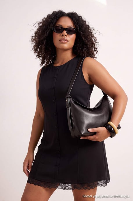 Trendyol Curve Dam Svart Enfärgad Kort / Mini Ärmlös A-linje Plus size Klänning - Image 6