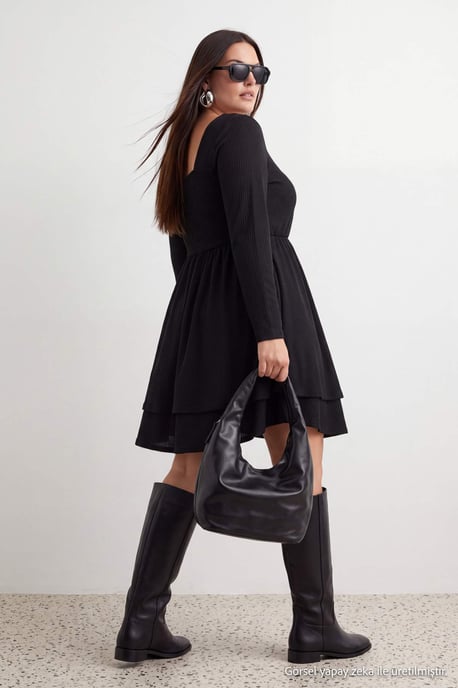 Trendyol Curve Dam Svart Enfärgad Kort / Mini Lång Casual Skater Plus size Klänning - Image 6