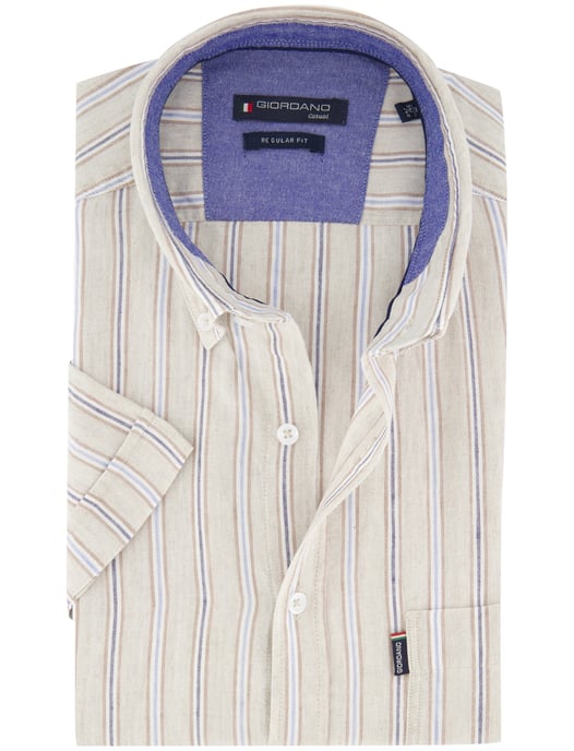 Beige gestreept korte mouw Giordano Regular Fit overhemd - Image 1