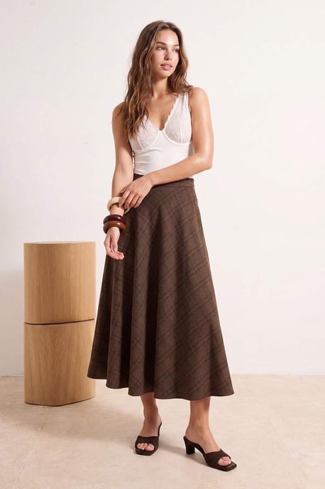 TRENDYOLMİLLA Dames Bruin Geruit Maxi Skater Rokken - Image 1