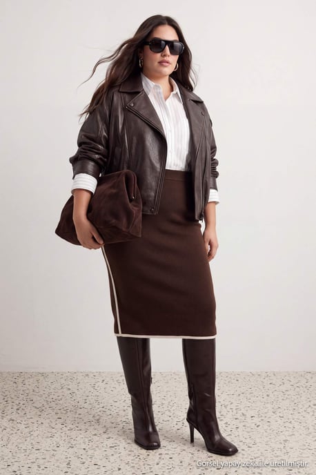 Trendyol Curve Dames Bruin Gestreept Maxi Kokerrok- rok Grote maten Rokken - Image 1
