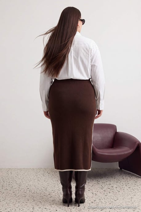 Trendyol Curve Dames Bruin Gestreept Maxi Kokerrok- rok Grote maten Rokken - Image 3