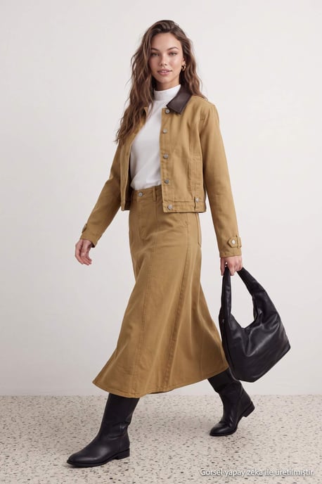 TRENDYOLMİLLA Dames Kaki Effen Maxi Skater Rokken - Image 6