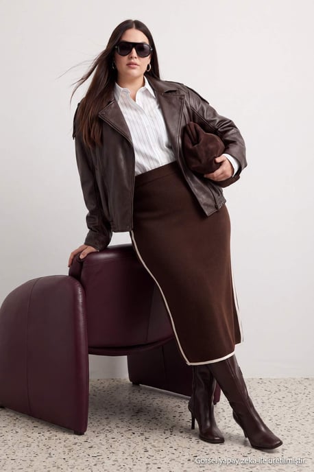 Trendyol Curve Dames Bruin Gestreept Maxi Kokerrok- rok Grote maten Rokken - Image 6