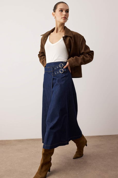 TRENDYOLMİLLA Dames Blauw Effen Maxi Ruchezoom Overslag Rokken - Image 1