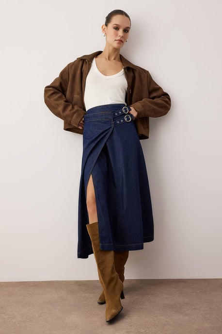 TRENDYOLMİLLA Dames Blauw Effen Maxi Ruchezoom Overslag Rokken - Image 4