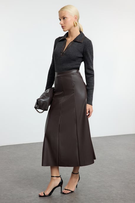 TRENDYOLMİLLA Dames Bruin Effen Maxi A-lijn A-lijn Rokken - Image 6