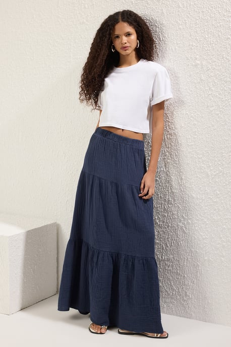 TRENDYOLMİLLA Dames Donkerblauw Effen Maxi Skater Rokken - Image 4