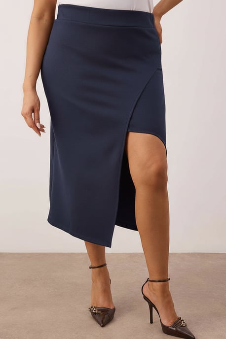 Trendyol Curve Dam Mörkblå Enfärgad Midi Penn kjol Plus size Kjolar - Image 2