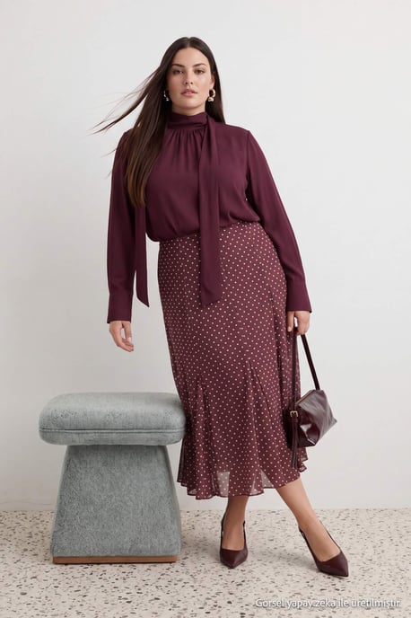 Trendyol Curve Dam Brun Prickig Midi Skater Plus size Kjolar - Image 1