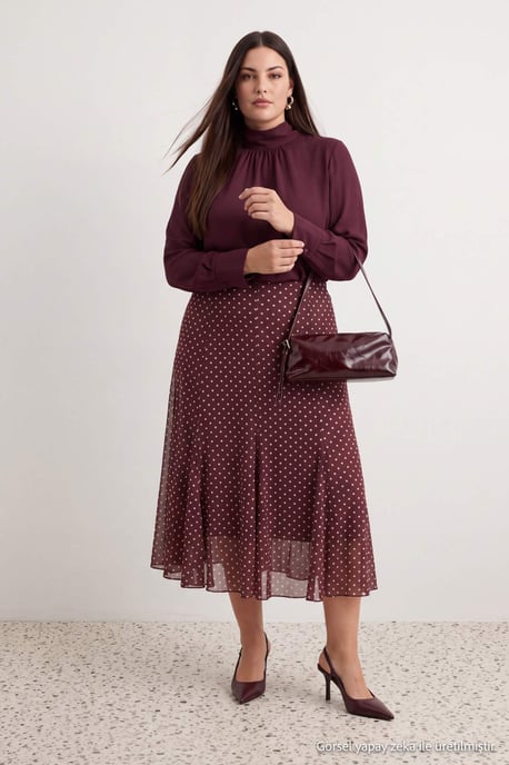 Trendyol Curve Dam Brun Prickig Midi Skater Plus size Kjolar - Image 2