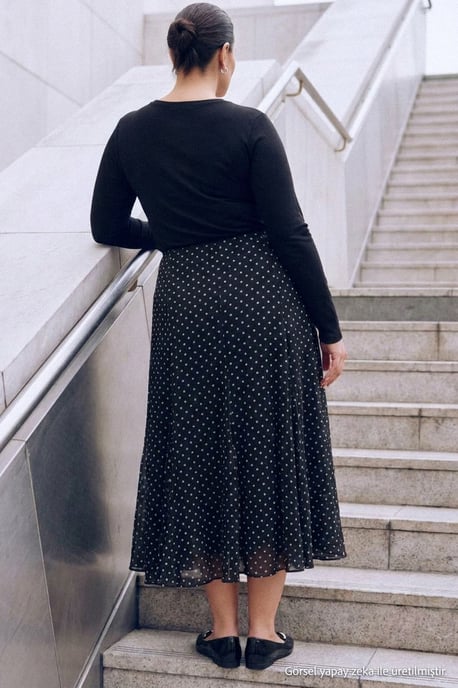 Trendyol Curve Dam Svart Prickig Midi Skater Plus size Kjolar - Image 2