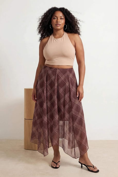 Trendyol Curve Dam Brun Rutig Midi Plus size Kjolar - Image 2