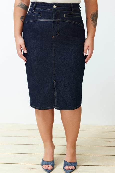 Trendyol Curve Dam Blå Enfärgad Midi Penn kjol Penn kjol Plus size Kjolar - Image 3