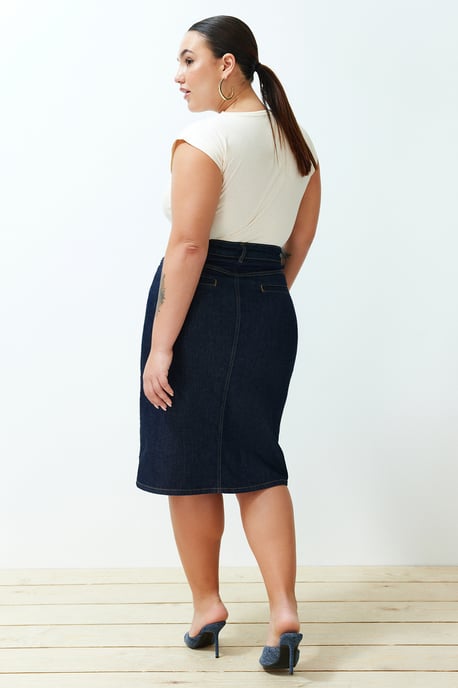 Trendyol Curve Dam Blå Enfärgad Midi Penn kjol Penn kjol Plus size Kjolar - Image 5