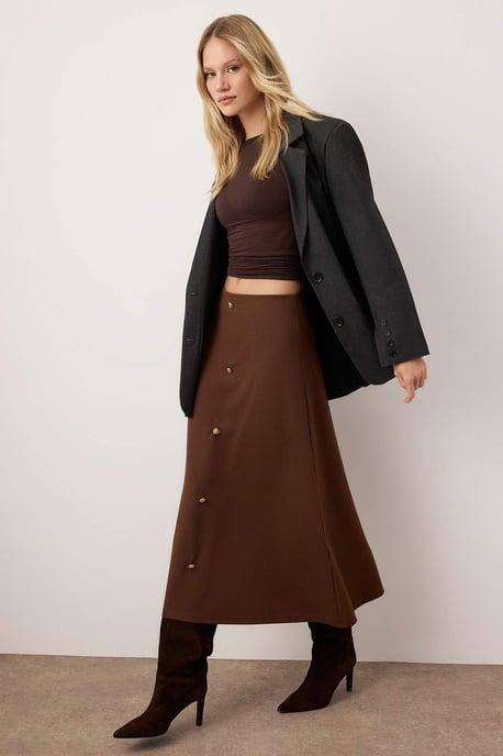 TRENDYOLMİLLA Women's Brown Plain Midi Waist Elastic Skater Skirts - Image 4