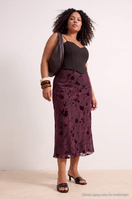 Trendyol Curve Dam Vinröd Blommig Midi Plus size Kjolar - Image 2