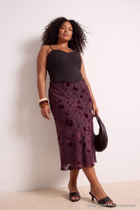 Trendyol Curve Dam Vinröd Blommig Midi Plus size Kjolar - Image 6
