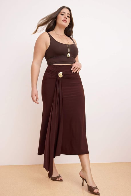 Trendyol Curve Dam Brun Enfärgad Midi Penn kjol Plus size Kjolar - Image 6