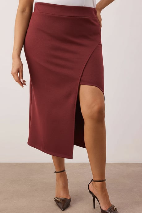 Trendyol Curve Dam Vinröd Enfärgad Midi Penn kjol Plus size Kjolar - Image 2