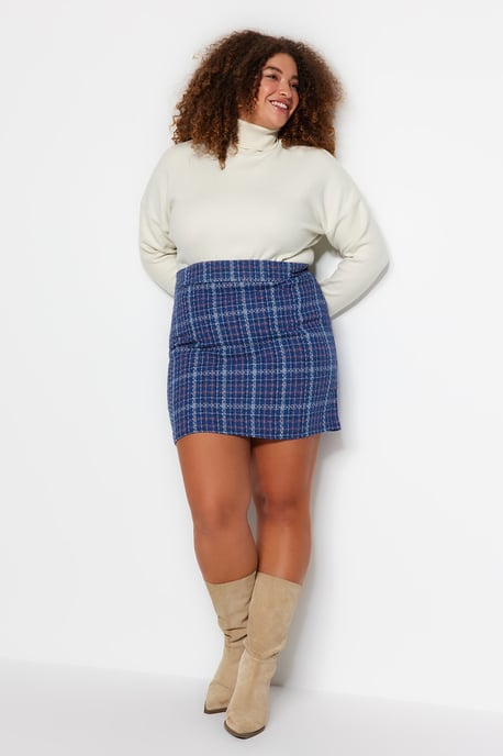 Trendyol Curve Dam Blå Rutig Kort / Mini Penn kjol Plus size Kjolar - Image 6