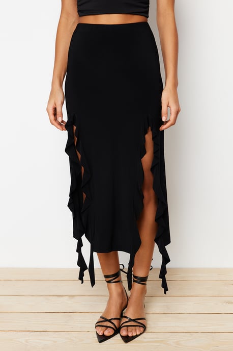 TRENDYOLMİLLA Women's Black Plain Midi Ruffle hem Pencil skirt Skirts - Image 3