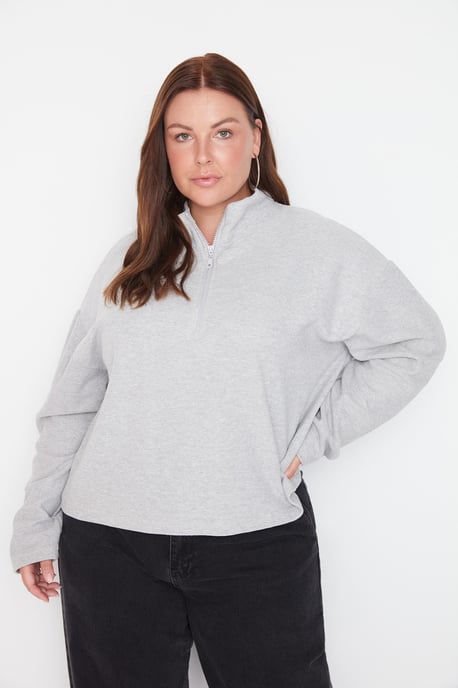 Trendyol Curve Dam Grå Enfärgad Lång Oversize Plus size Sweatshirts - Image 5