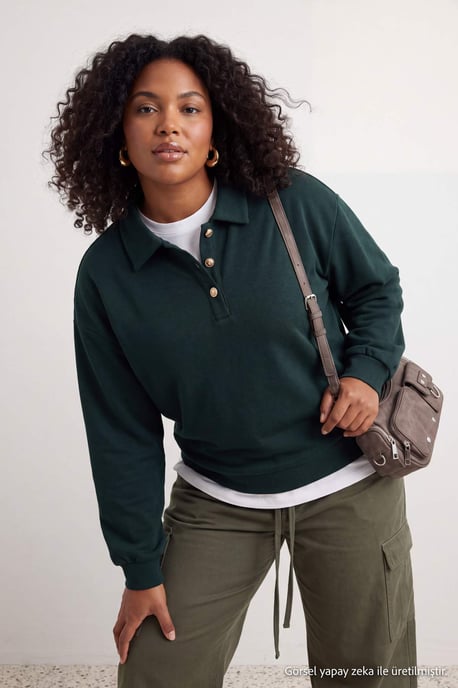 Trendyol Curve Dam Grön Enfärgad Lång Regular fit Plus size Sweatshirts - Image 3
