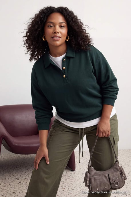 Trendyol Curve Dam Grön Enfärgad Lång Regular fit Plus size Sweatshirts - Image 4