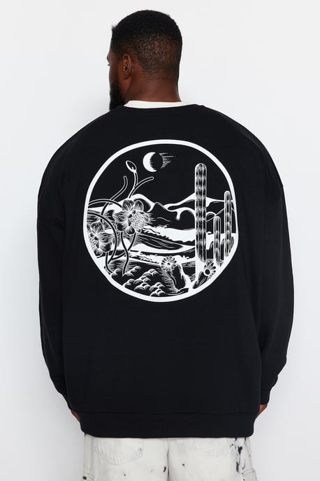 TRENDYOL MAN Herr Svart Tropiskt Lång Oversize Plus size Sweatshirts - Image 4