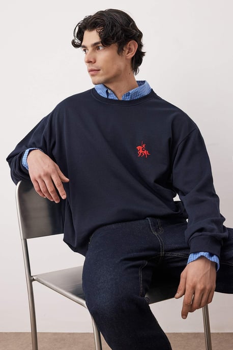 TRENDYOL MAN Herr Mörkblå Djurmönster Lång Oversize Sweatshirts - Image 6