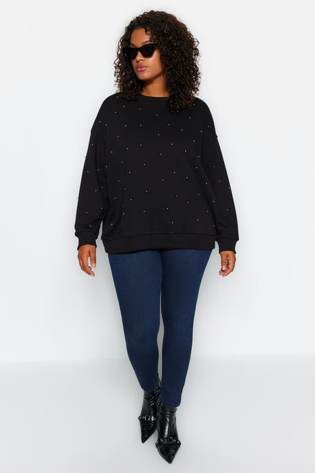 Trendyol Curve Dam Svart Enfärgad Lång Oversize Plus size Sweatshirts - Image 6