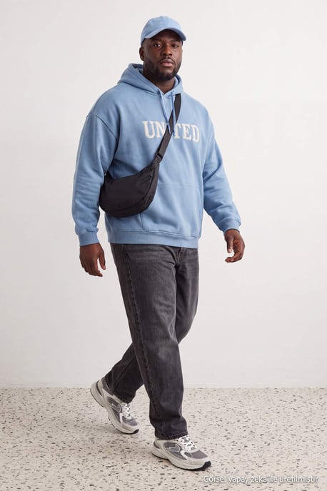 TRENDYOL MAN Unisex Blue Slogan Long Oversize Plus Size Sweatshirts - Image 3