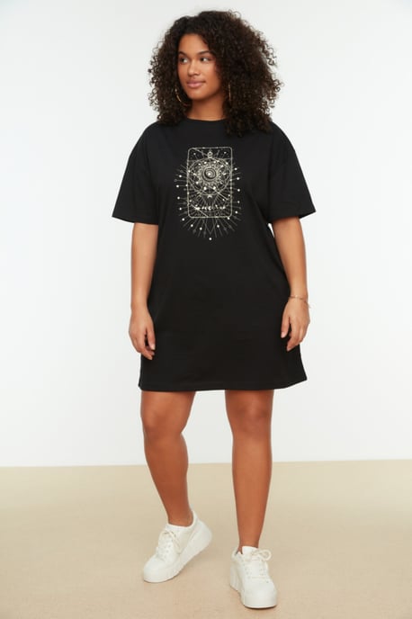 Trendyol Curve Dam Svart Geometriskt mönster Kort / Mini Kort Casual T-shirt Klänning Plus size Klänning - Image 6