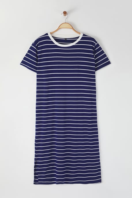 Trendyol Curve Dam Mörkblå Randig Midi Kort Casual T-shirt Klänning Plus size Klänning - Image 5