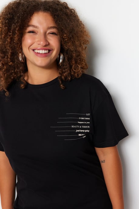 Trendyol Curve Dam Svart Slogan Kort / Mini Kort Casual T-shirt Klänning Plus size Klänning - Image 2
