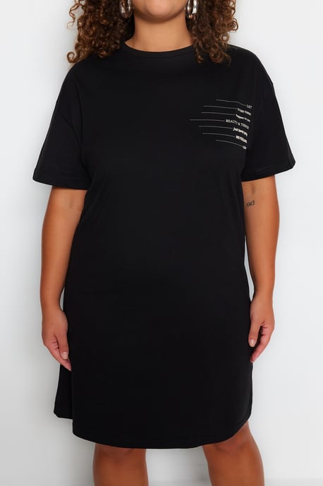 Trendyol Curve Dam Svart Slogan Kort / Mini Kort Casual T-shirt Klänning Plus size Klänning - Image 3