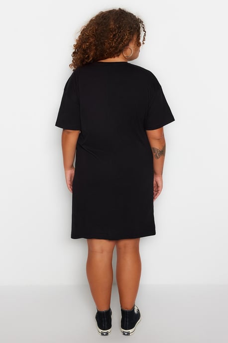 Trendyol Curve Dam Svart Slogan Kort / Mini Kort Casual T-shirt Klänning Plus size Klänning - Image 5