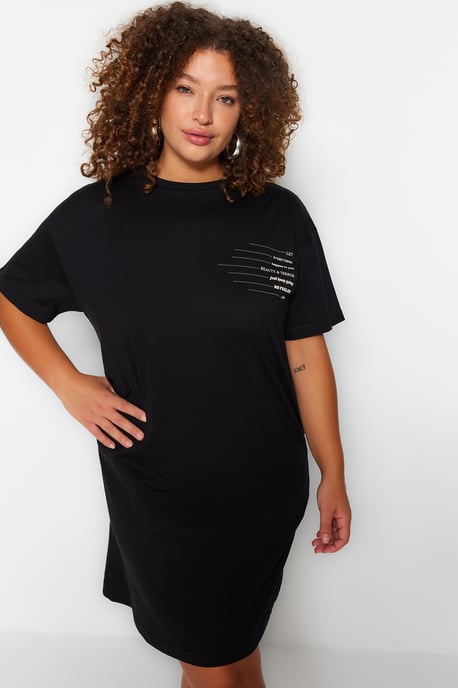 Trendyol Curve Dam Svart Slogan Kort / Mini Kort Casual T-shirt Klänning Plus size Klänning - Image 6