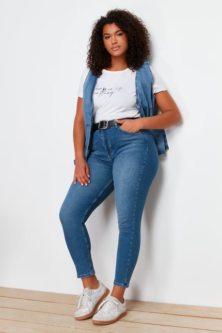 Trendyol Curve Dam Mörkblå Enfärgad Skinny Hög midja Plus size Jeans - Image 2