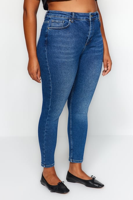 Trendyol Curve Dam Mörkblå Enfärgad Skinny Hög midja Plus size Jeans - Image 5
