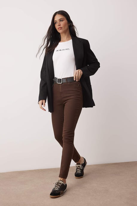 TRENDYOLMİLLA Dames Bruin Effen Skinny Hoge taille Jeans - Image 4